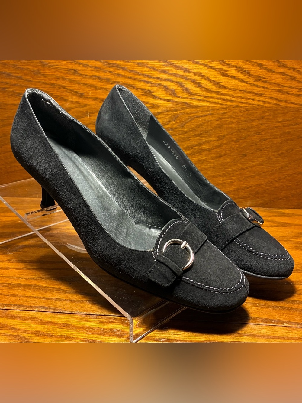 Stuart Weitzman Buckle Accent Black Suede Low Heel Pumps Size 8.5 Narrow